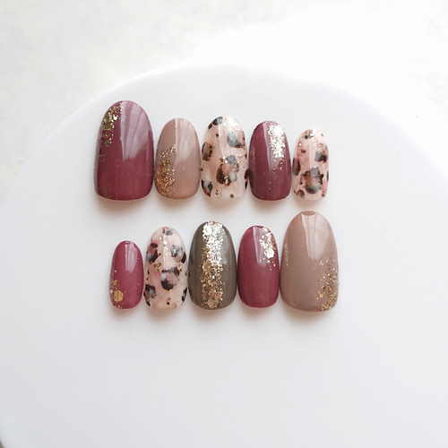 レオパードネイルチップ ボルドー ヒョウ柄 アニマル柄 おしゃれ