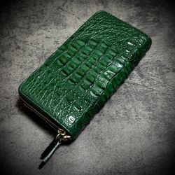 さゆ　リザード メンズ 財布 長財布 ラウンドファスナー 緑 グリーン リザード 長財布 シャイニング加工 大容量 カード15枚 トカゲ