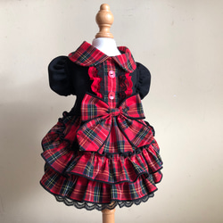 ◎犬服オーダー◎赤タータンチェック柄◎フリルスカート◎姫ドレス