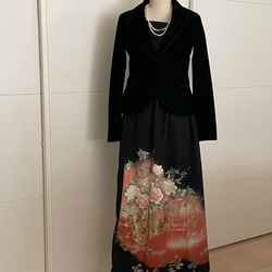 黒留袖リメイク 花車に牡丹　ロングスカート　正絹　フリーサイズ  大きなサイズ 6枚目の画像