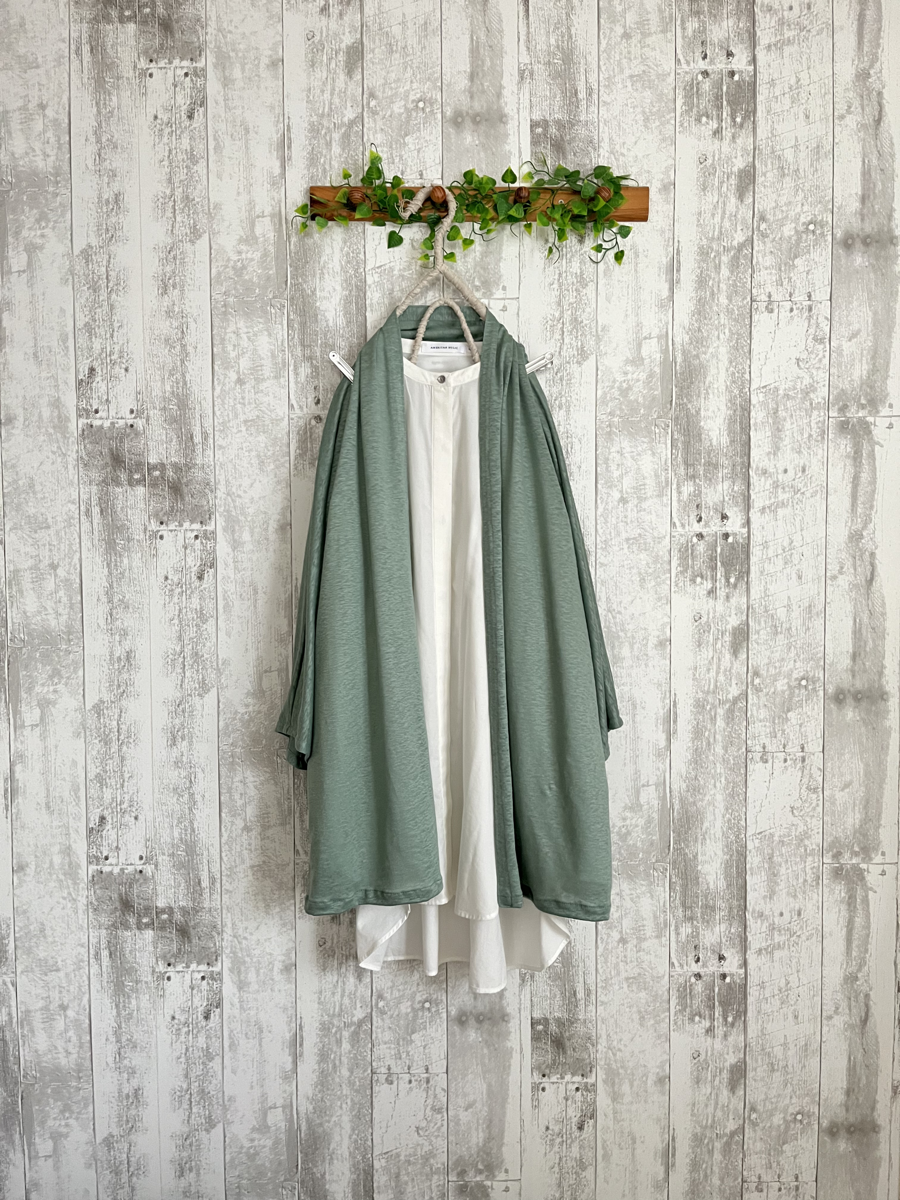 さらさらリネンニット100%モスグリーンローブドルマンカーディガン