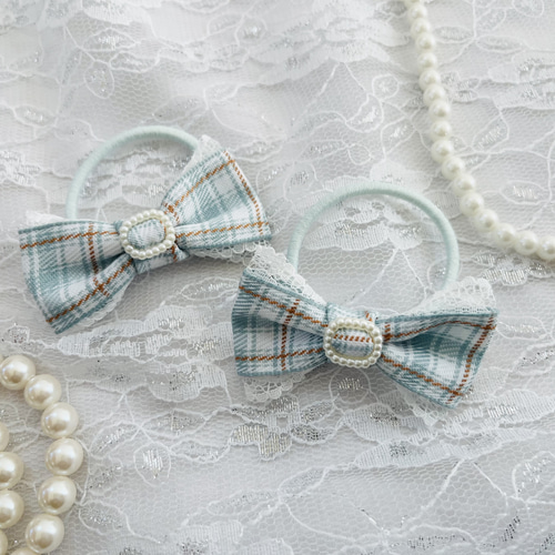 チェック柄 レースリボンヘアゴム キッズ 2個セット】子供 リボン