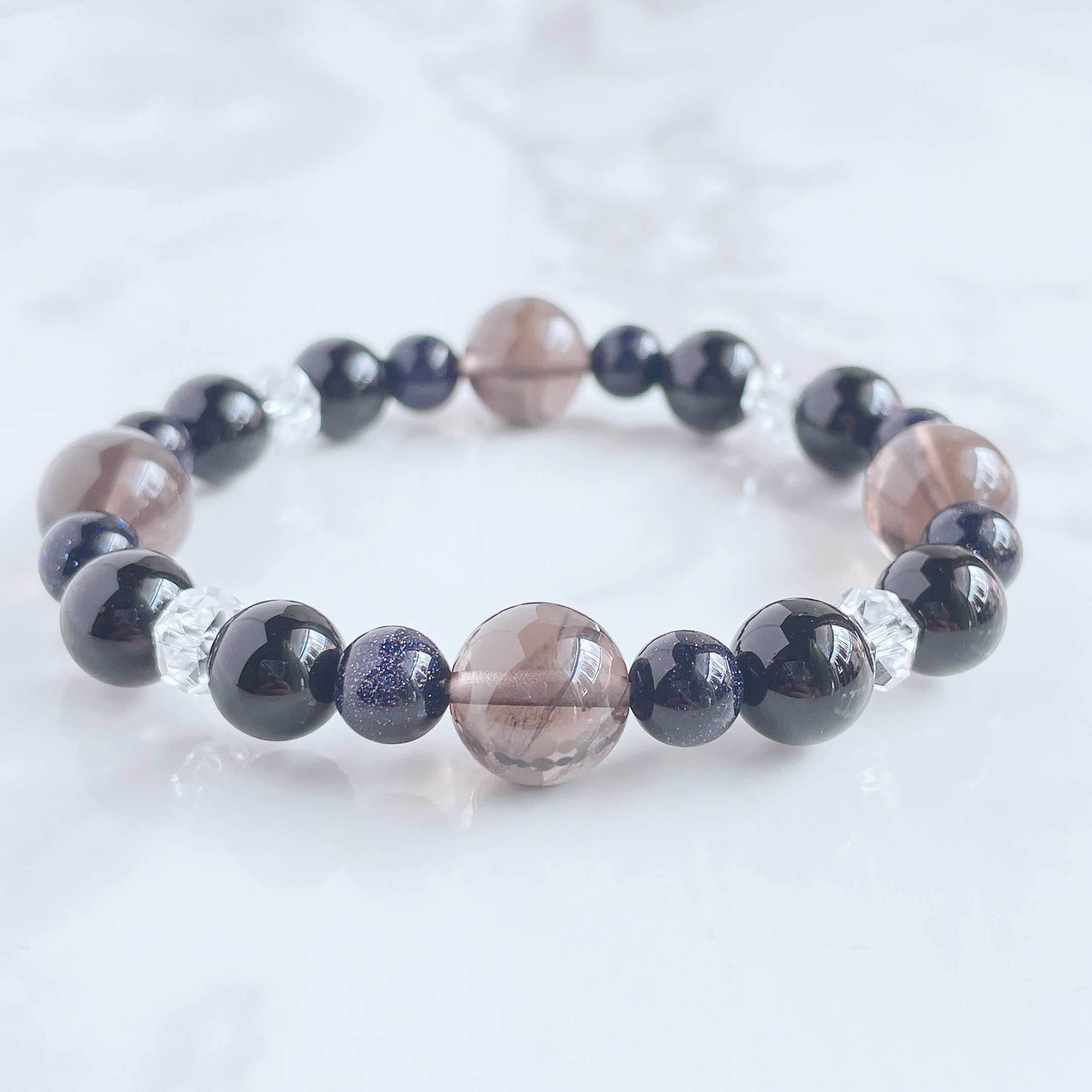 ✦禁煙・暴飲暴食など悪習慣を断ち切りたい方へ アイスオブシディアン・オニキス・水晶 天然石 ブレスレット No653