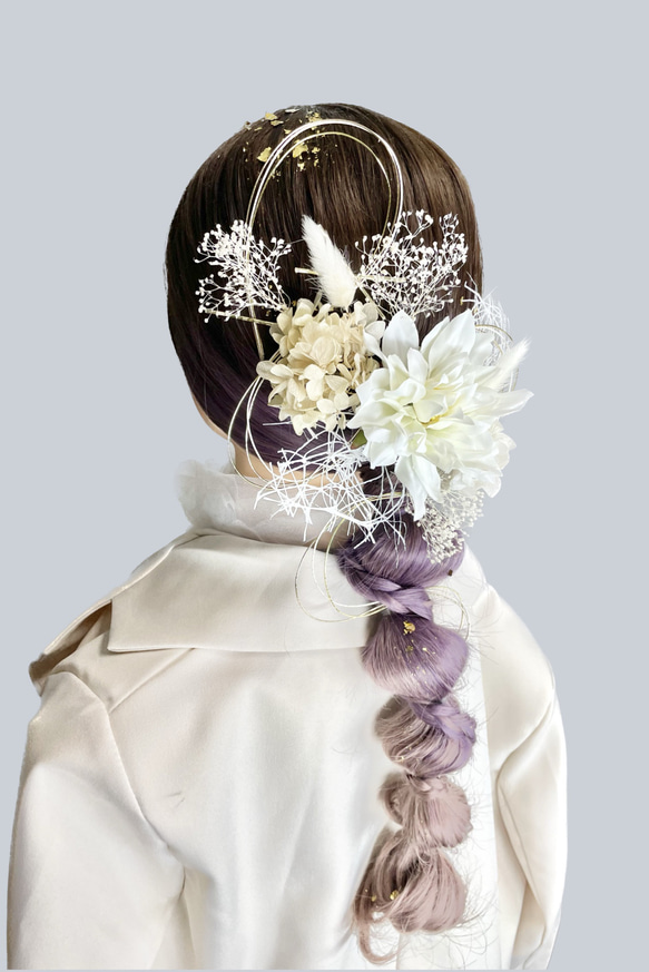髪飾り(ダリア/ホワイト) 水引 金箔 成人式 前撮り 卒業式 結婚式 4枚目の画像