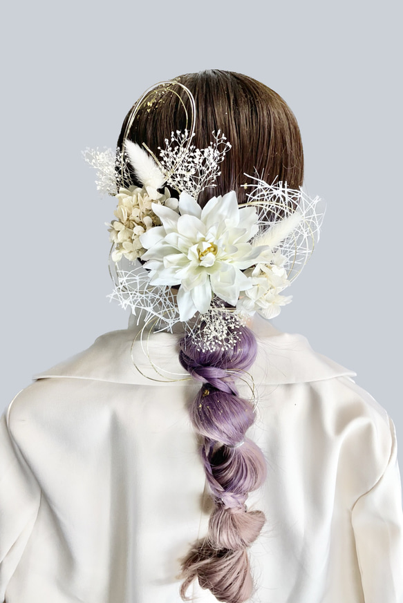 髪飾り(ダリア/ホワイト) 水引 金箔 成人式 前撮り 卒業式 結婚式 5枚目の画像