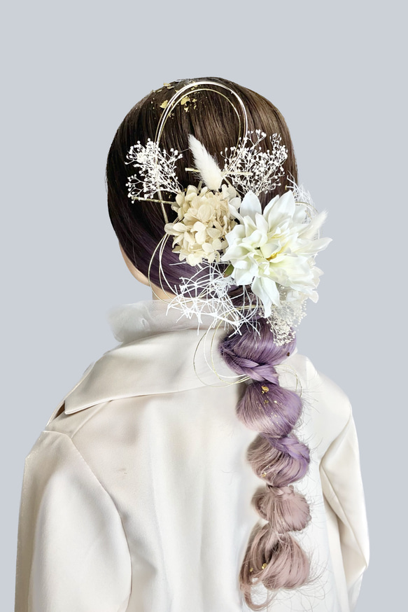 髪飾り(ダリア/ホワイト) 水引 金箔 成人式 前撮り 卒業式 結婚式 2枚目の画像