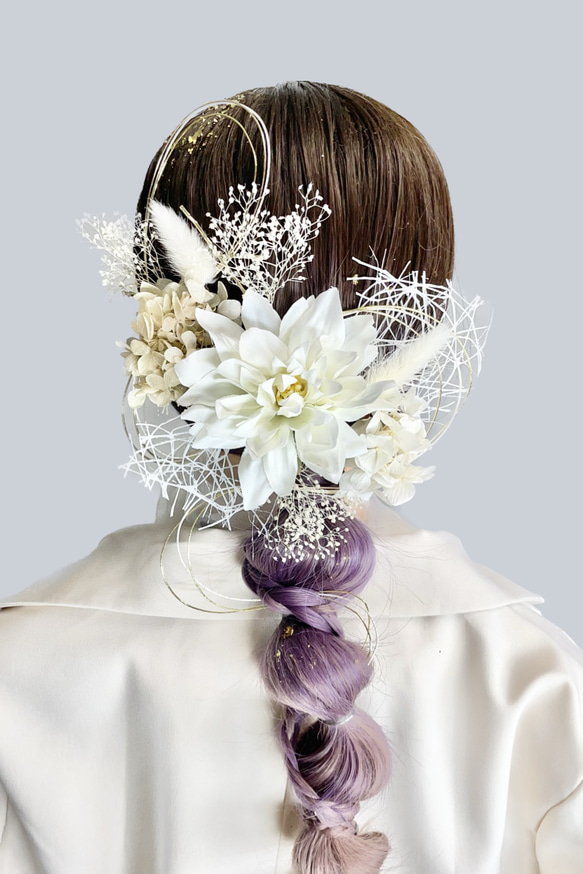 髪飾り(ダリア/ホワイト) 水引 金箔 成人式 前撮り 卒業式 結婚式 1枚目の画像