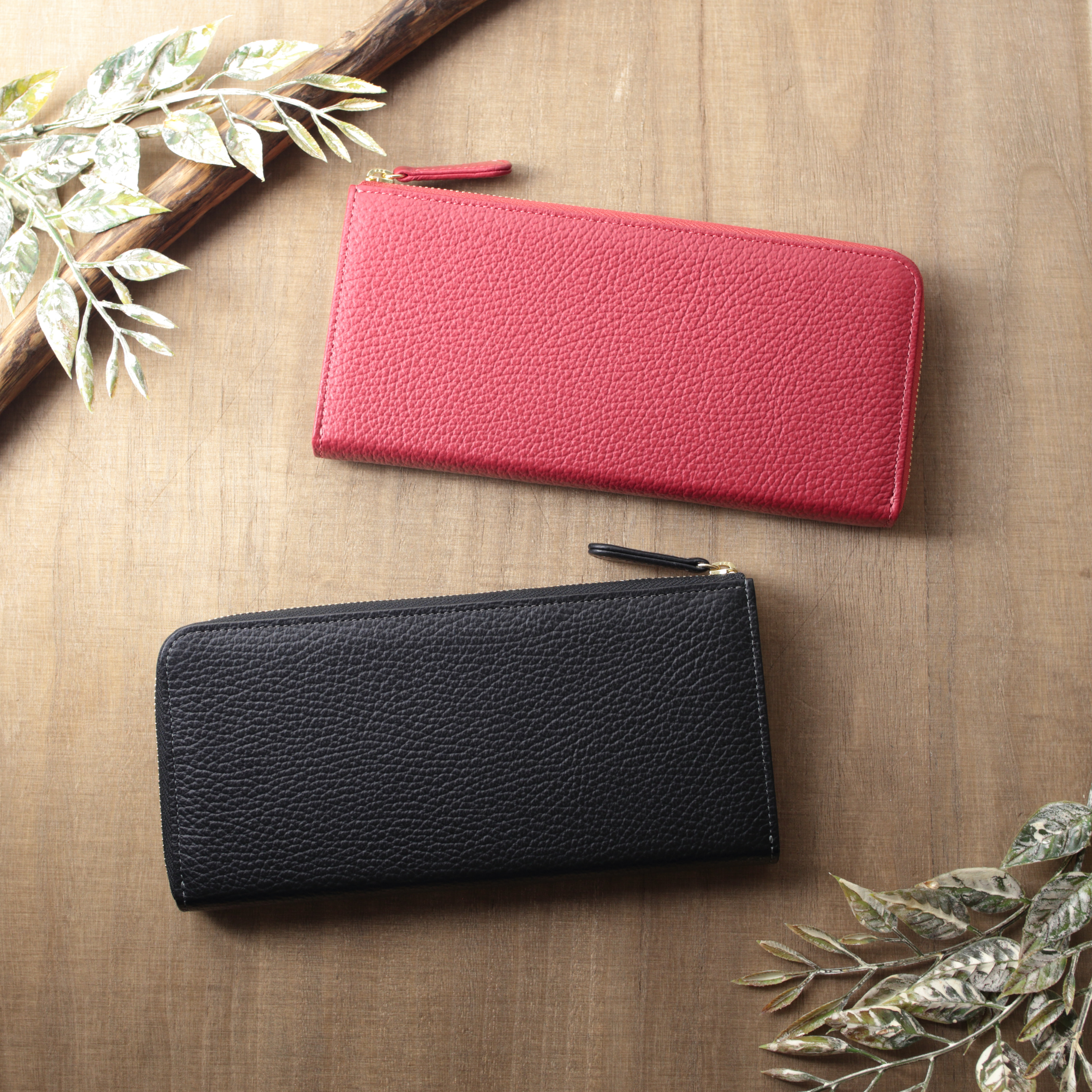 大きな小銭入れのL字ファスナー長財布 イタリアンレザー【レッド / ブラック】