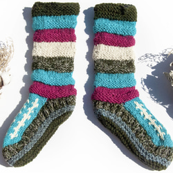 手織りウールニットソックス/ストライプソックス/ウールかぎ針編みストッキング/暖かいウールソックス - 南米産ブルーベリーフルー 4枚目の画像