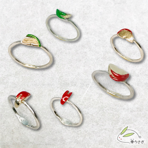 K18WG製 うさぎりんごのプラチナリング／赤りんご（縦向き） 指輪