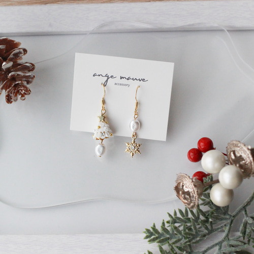 期間限定】xmas クリスマスツリー 雪の結晶 (green/white) つまみ細工