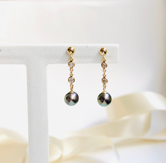 K18 ダイヤモンド タヒチパール ピアス ピアス（フック・チェーン 