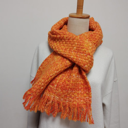 手織り・手紡ぎのマフラー　ビビッドなオレンジ＆イエロー 1枚目の画像