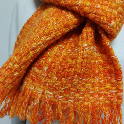 手織り・手紡ぎのマフラー　ビビッドなオレンジ＆イエロー 3枚目の画像