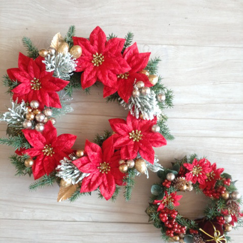 真っ赤なポインセチアのクリスマスリース【冬支度ハンドメイド2025