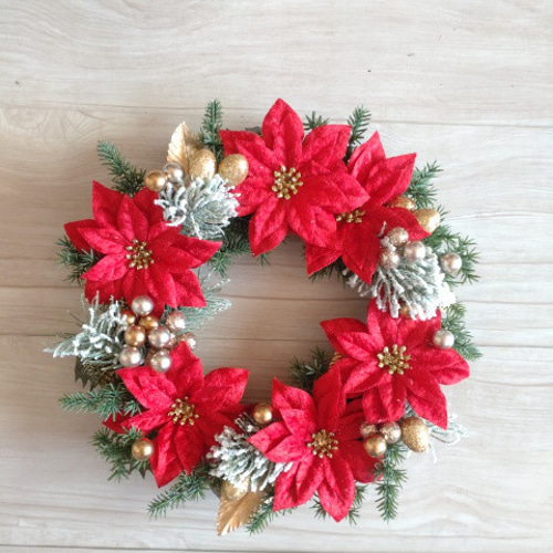 真っ赤なポインセチアのクリスマスリース【冬支度ハンドメイド2025