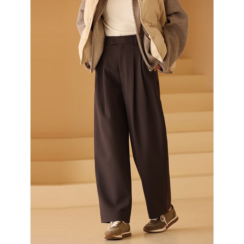 しわになりにくいパンツ　ウール混紡パンツ　通勤パンツ　シンプルロングパンツ　ブラウン　S-XL #379