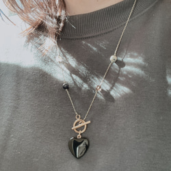 ♡Big heart "Black" ガラスハート 天然石 紐ネックレス　シトリン/ダルメシアンジャスパー… 2枚目の画像