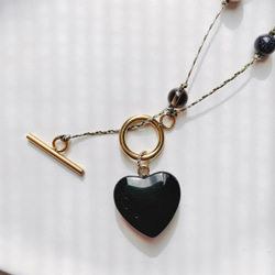 ♡Big heart "Black" ガラスハート 天然石 紐ネックレス　シトリン/ダルメシアンジャスパー… 1枚目の画像
