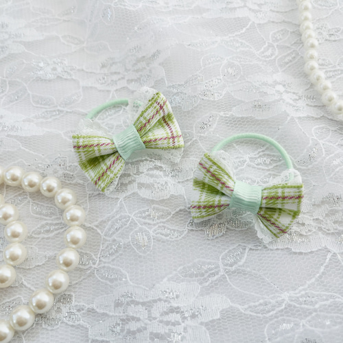 チェック柄 レースリボンヘアゴム ベビー/キッズ 2個セット】子供 ヘア