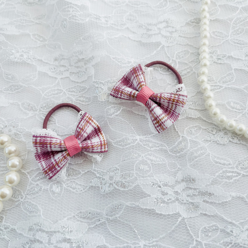 チェック柄 レースリボンヘアゴム ベビー/キッズ 2個セット】子供 ヘア