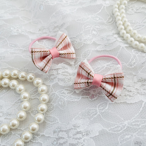 No.33リボンヘアゴム☆チェック柄☆ピンク系