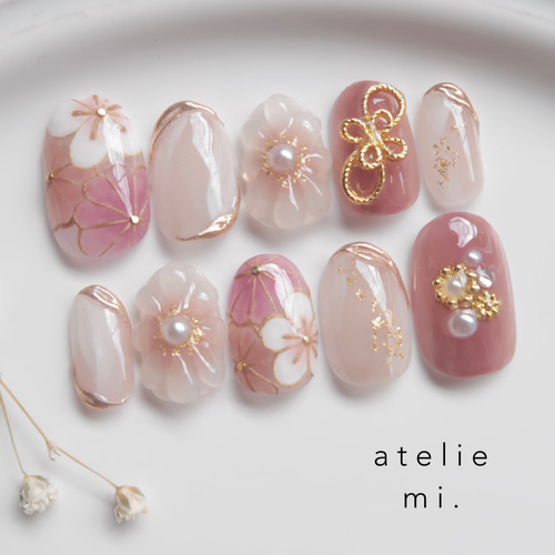 お着物に♡うるうるくすみピンクのフラワーニュアンスネイルチップ