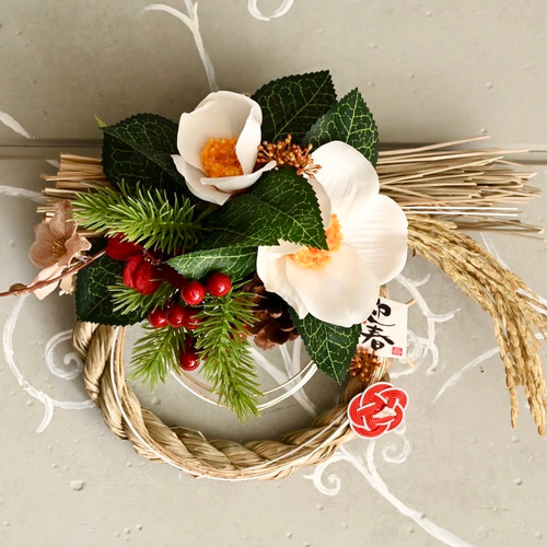 お正月 しめ縄飾り アーティフィシャルフラワー 造花 ハンドメイド 椿