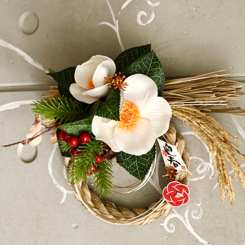 お正月 しめ縄飾り アーティフィシャルフラワー 造花 ハンドメイド 椿