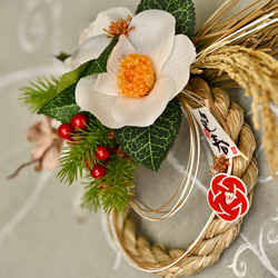 お正月 しめ縄飾り アーティフィシャルフラワー 造花 ハンドメイド 椿
