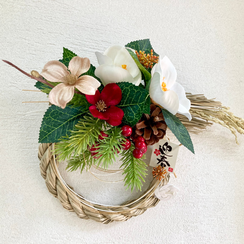 お正月 しめ縄飾り アーティフィシャルフラワー 造花 ハンドメイド 椿