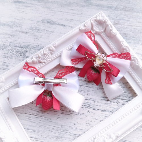 量産型 地雷系 ヘアクリップ 2個セット 赤 白 いちご ヘアピン marumin