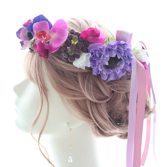 花冠　花かんむり　紫　古希　喜寿　リース　ヘッドドレス　髪飾り　アネモネ　ラナンキュラス　ラン 1枚目の画像