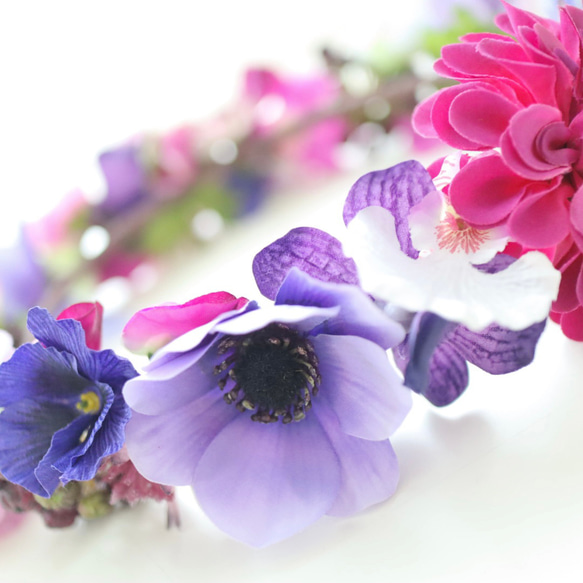花冠　花かんむり　紫　古希　喜寿　リース　ヘッドドレス　髪飾り　アネモネ　ラナンキュラス　ラン 12枚目の画像
