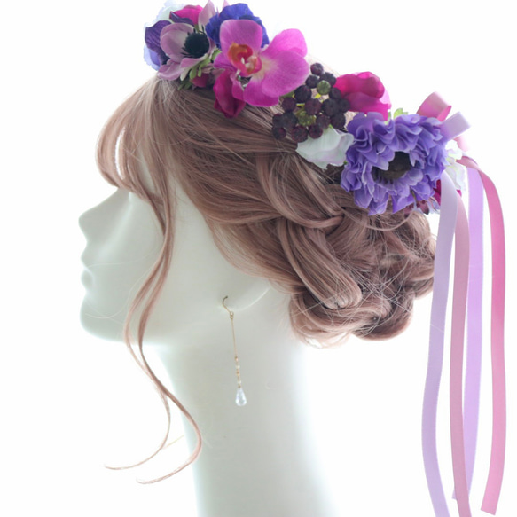 花冠　花かんむり　紫　古希　喜寿　リース　ヘッドドレス　髪飾り　アネモネ　ラナンキュラス　ラン 11枚目の画像