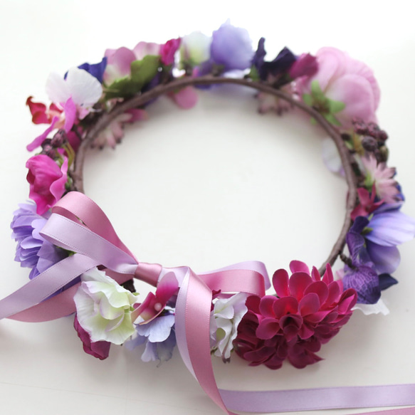 花冠　花かんむり　紫　古希　喜寿　リース　ヘッドドレス　髪飾り　アネモネ　ラナンキュラス　ラン 8枚目の画像