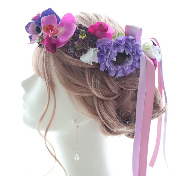 花冠　花かんむり　紫　古希　喜寿　リース　ヘッドドレス　髪飾り　アネモネ　ラナンキュラス　ラン 7枚目の画像