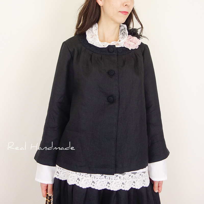 [予約販売] ヨーロッパブラックリネンサークル刺繍ヨーク切替ジャケット（セットアップにもなります)卒園 卒業 結婚式