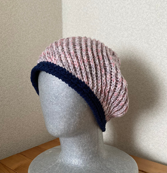 手編み　ななめリブニット帽子　コットンリネン 2枚目の画像