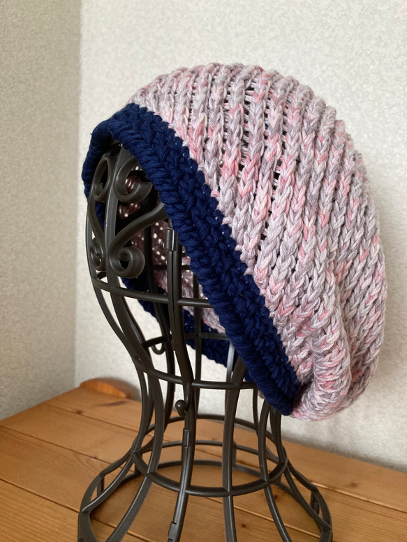 手編み　ななめリブニット帽子　コットンリネン 5枚目の画像