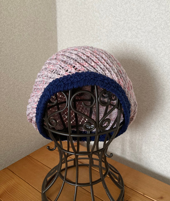 手編み　ななめリブニット帽子　コットンリネン 3枚目の画像
