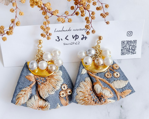 インド刺繍リボン/パール/ピアスorイヤリング ピアス（その他） ふく