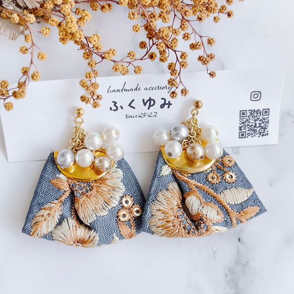 インド刺繍リボン/パール/ピアスorイヤリング ピアス（その他） ふく