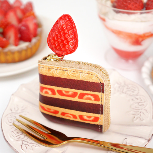 ピンクショートケーキなL字ファスナーコンパクト財布（牛革製