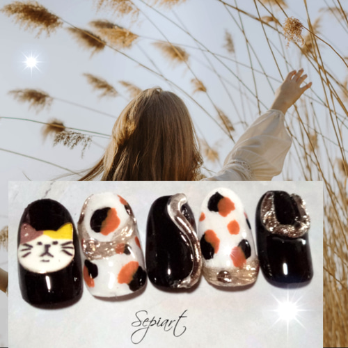 ジェルネイルチップ〜付け爪☆3D三毛猫×三毛猫柄＆シルバーミラー