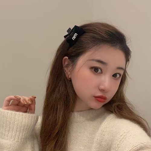 リボン ミニヘアクリップ 2コセット 韓国ベロア ブラック ベルベット 