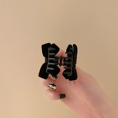 リボン ミニヘアクリップ 2コセット 韓国ベロア ブラック ベルベット