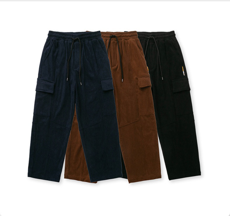 裾引き紐はウエスト周りと足口の大きさを調節できるゆったりしたコーデュロイ直筒カジュアル作業ズボン男 23-1150