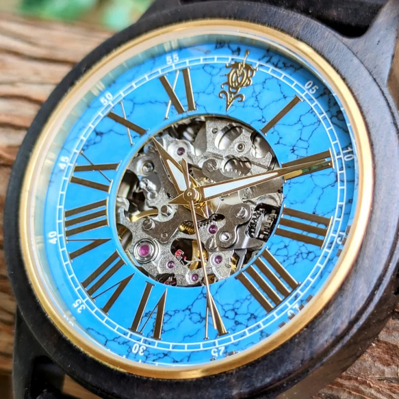 【木製腕時計】EINBAND Frieden ターコイズ×エボニーウッド(黒檀) 自動巻き木製腕時計 40mm 4枚目の画像