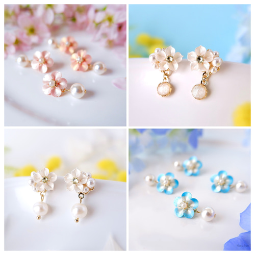 選べるパーツ！やわらかグレーのお花イヤリング、ピアス(受注制作